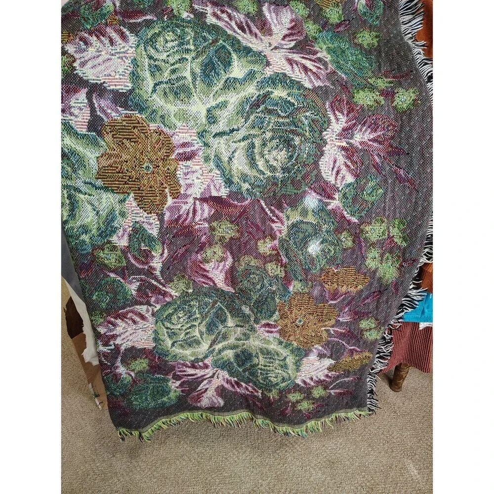 Vintage Large Floral Design Fringed Woven Citton Tapestry Throw Blanket 49x54